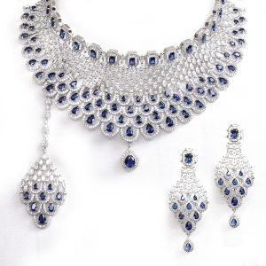 Silver plated AD choker set in blue color with matching Tika