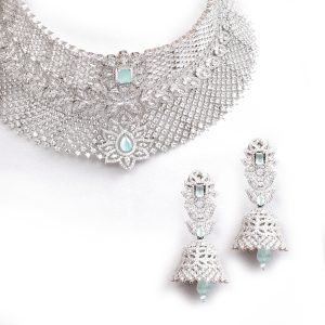 Silver plated AD choker set in Mint green color with matching Earrings