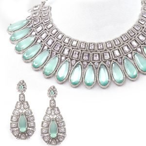 Silver plated AD necklace set in Mint green color with matching Earrings
