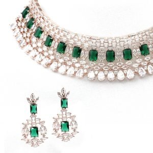 silverplated AD choker set in Green color with matching Earrings