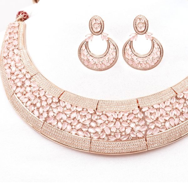 Rosegold plated AD necklace set in pink color with matching Earrings