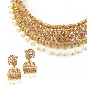 Matt Gold plated temple style choker set in Ruby. Comes with matching earrings.