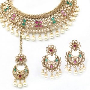 Gold plated polki choker set in Red-Green color combination