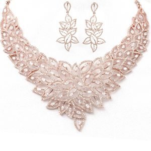 Rosegold plated artificial diamond necklace set with matching earrings